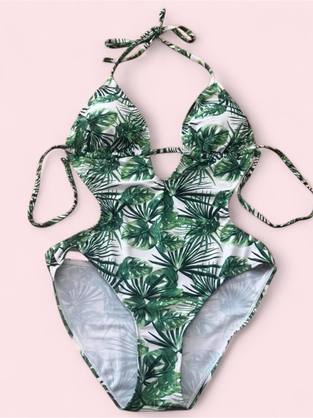 YMI Green Tropical Leaf Cutout Halter One-Piece Swimsuit